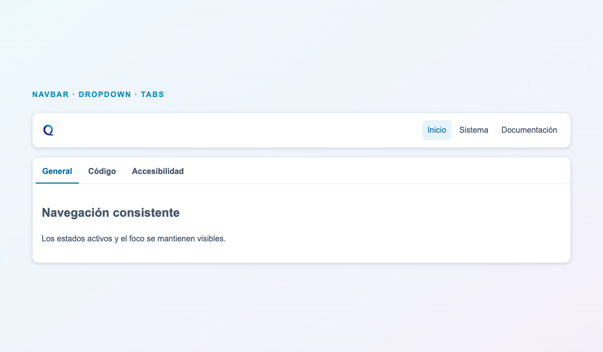 Componentes reales Navbar, Dropdown y Tabs renderizados con QuicklyCSS