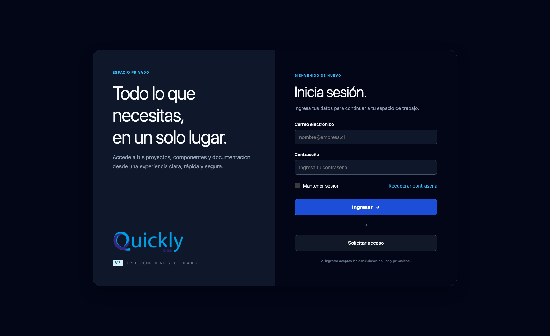 Vista del inicio de sesión construido con QuicklyCSS V2